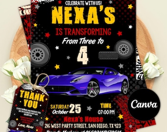 Invito di compleanno a tema auto da corsa, festa a tema auto da corsa, festa di corse, invito a tema auto da corsa sportiva, invito per ragazzi, compleanno a tema auto, modello Canva modificabile