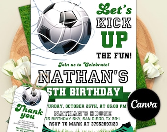 Editable Soccer Birthday Invitation, Football Party Invite, Let's Kick it Soccer Invite, Kids Sports Invitation, Canva Template