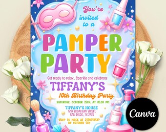 Editable Pamper Birthday Invitation, Neon Glow Pamper Spa Invitation, Glitz Glam Makeup Girl Invite, Relax Spa Night, Canva Template
