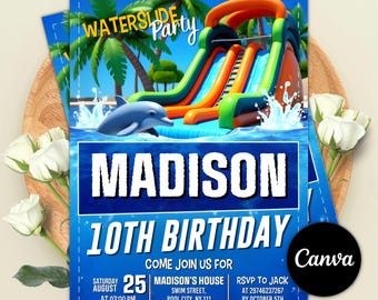 Waterslide Birthday Invitation, Editable Canva Template (Digital Download)