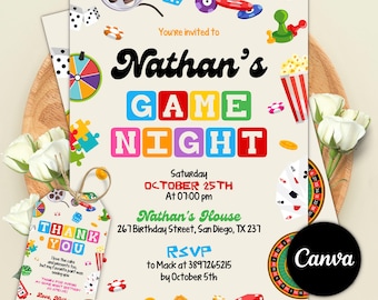 Inbjudan till spelkvällsfest, födelsedagsinbjudan till speltema, spelkväll för familjen, inbjudan till husfest, speltid, redigerbar Canvas-mall