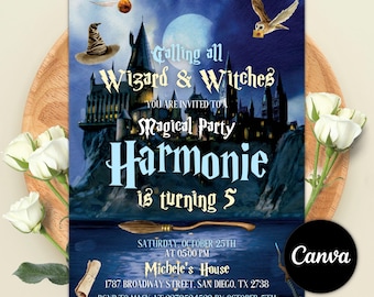 Bewerkbare magische verjaardagsuitnodiging, Wizards Witches verjaardagsuitnodiging sjabloon, afdrukbare Magic Wizardry Castle verjaardagsfeestje uitnodiging