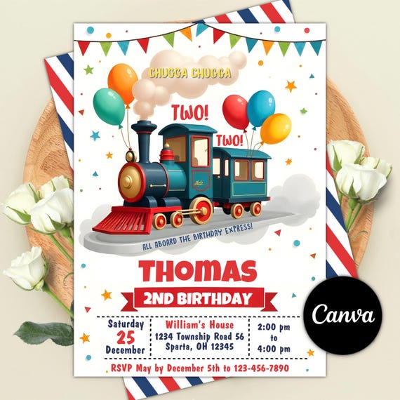 Train Birthday Invitation, Train Party Invite For Any Age, Kids Party Birthday Invites, Instant Download, Editable Canva Template