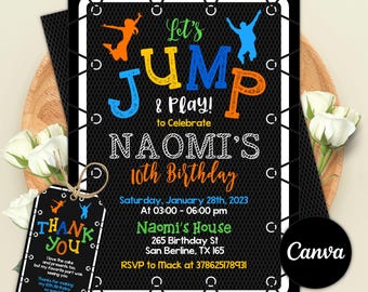 Invitación de cumpleaños de trampolín, invitación editable para fiesta de saltos (descarga digital)