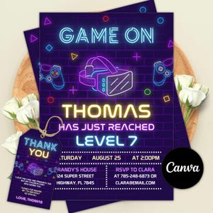 Virtual Reality Game VR Party Invitation, Boys Gaming birthday Invite, Neon Blue, Instant Access, Editable Canva Template