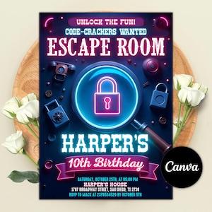 Escape Room Birthday Invitation, Neon Lock Puzzle Party Invite, Mystery Code Game Birthday Digital Download, Editable Canva Template
