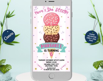 Ice cream Electronic invitation, ice cream iphone invitation, scoop invitation, invite sms, Editable invite for mobile