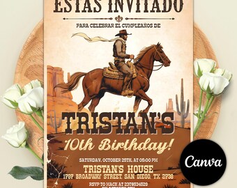 Wild West Vaquero Birthday Invitation,Rodeo birthday Invitation, Mexican Celebration, Vintage Cowboy, Spanish, Editable Canva Template