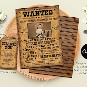 Invitación de póster editable buscado, invitación de cumpleaños de vaquero, fiesta de vaquero, imagen, invitación de fiesta de cumpleaños occidental