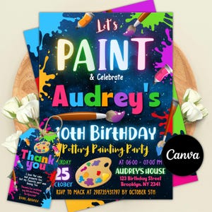 Rainbow Pottery Painting Birthday Invitation, Neon Party Invite, Neon Glow, Painting Birthday Party Invitation, Editable Canva template