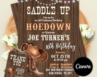 Rustic Cowboy Birthday Invitation, Western Party, Editable Canva Template (Digital Download)
