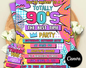 90's Birthday Invitation, 90's Party Invite, Back to the 90's Theme Invite, Retro 1990's Invite, Editable Canva Template