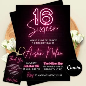 Bewerkbare neon Sweet 16 verjaardagsuitnodiging, Sixteen Glow-feestuitnodiging, roze paars zwart licht, neonuitnodiging, canvassjabloon