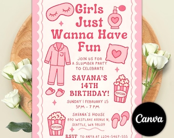 Pink Pajama Slumber Party Invitation  Girls Just Wanna Have Fun Birthday Invite  Editable Canva Template