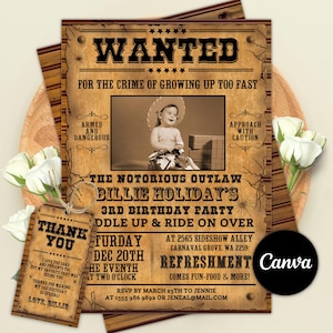 Bearbeitbare Steckbrief-Einladung, Cowboy-Geburtstagseinladung, Cowboy-Party, Bild, Western-Geburtstagsfeier-Einladung, Canva-Vorlage