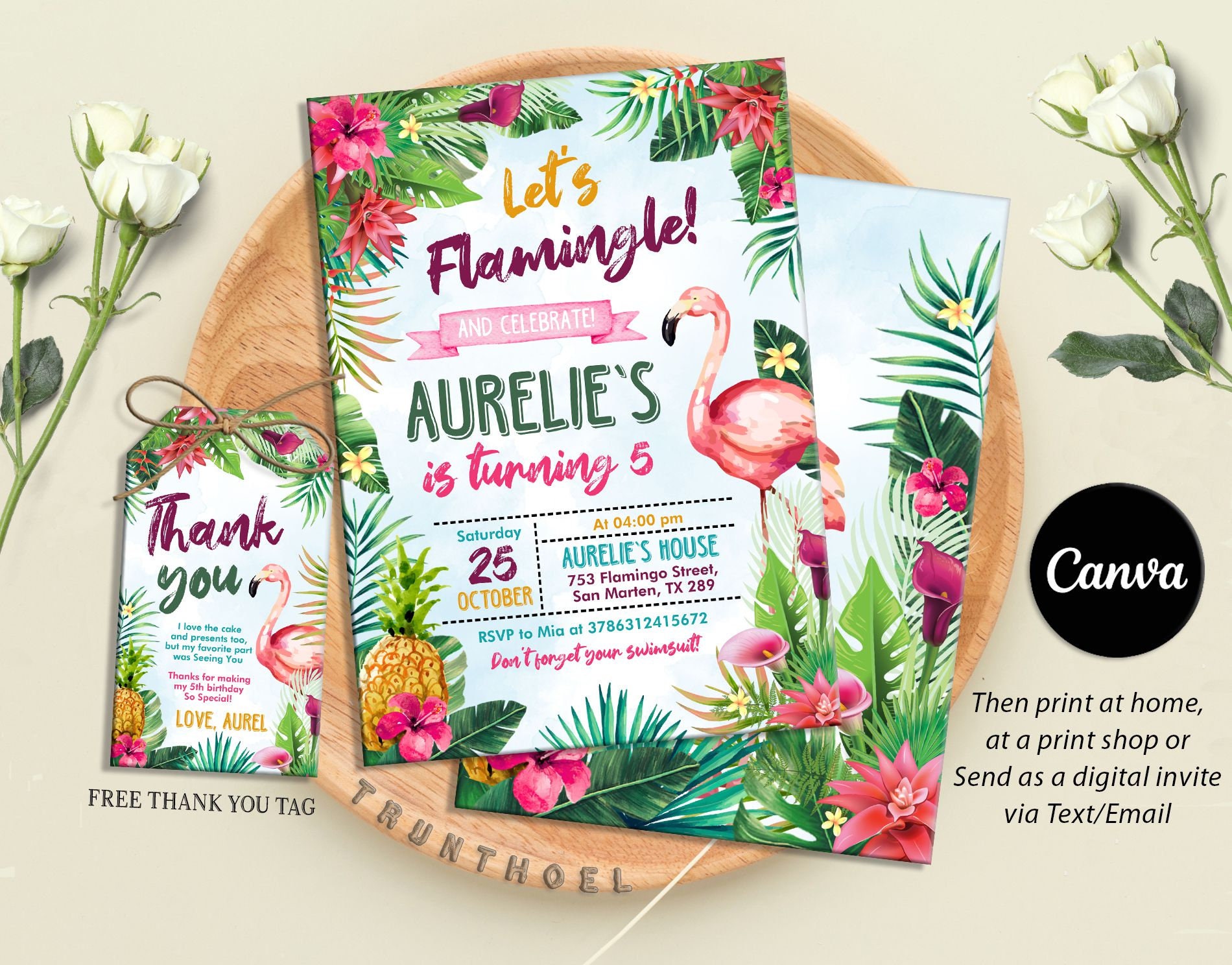 Editable Flamingo Birthday Party Invitation template Tropical Birthday Watercolor Invite Birthday Summer Invite Flamingo