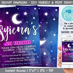 Galaxy Birthday Invitation, Instant Download, Galaxy Birthday Invite, Stars Moon, Any Age, Personalize with Corjl & Print