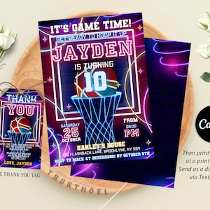 Basketball Birthday Invitation, Sports Invitation Template, Neon Basketball Party Invite, Glow Basketball Party, Any Age, Instant Download