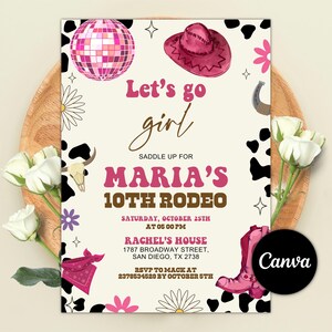 Let&#39;s Go Girls Birthday Invitation, Pink Cowgirl Birthday Party Invitation, Disco Rodeo Western Invite, Editable Canva Template