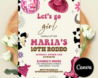 Let's Go Girls Birthday Invitation, Pink Cowgirl Birthday Party Invitation, Disco Rodeo Western Invite, Editable Canva Template