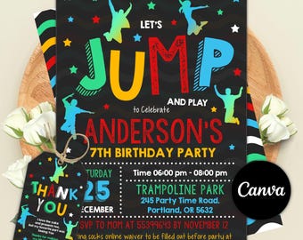 Invitación editable para fiesta de saltos, invitación para fiesta de cumpleaños con trampolín, fiesta en trampolín, fiesta en castillo hinchable, ¡A saltar!, descarga instantánea, plantilla de Canva
