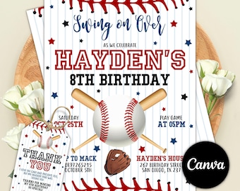 Bearbeitbare Baseball-Geburtstags-Einladung, Sport-Geburtstags-Einladung, Baseball-Party-Einladung, Baseball jeden Alters, sofortiger Download, Canva-Vorlage
