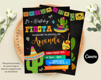 Invitación de cumpleaños con temática de fiesta mexicana, invitación de cumpleaños con flores mexicanas, invitación de cumpleaños con papel picado mexicano, invitación con temática mexicana, editable en Canva.