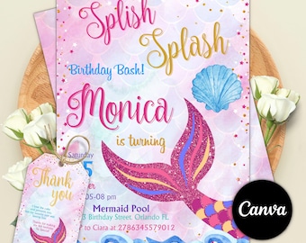Invito di compleanno modificabile a forma di coda di sirena per ragazza, invito di compleanno a forma di festa sottomarina con sirena, invito per festa a forma di sirena, invito a forma di sirena, Canva