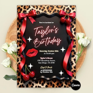 Invitación de cumpleaños con estampado de guepardo y cerezas, rosa neón, rojo y leopardo, ideal para una noche de chicas glamurosa o una despedida de soltera. Plantilla editable de Canva.