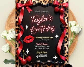 Cheetah Cherries Birthday Invitation Neon Pink Red Leopard, Glam Girls Night Out, Bachelorette, Editable Canva Template