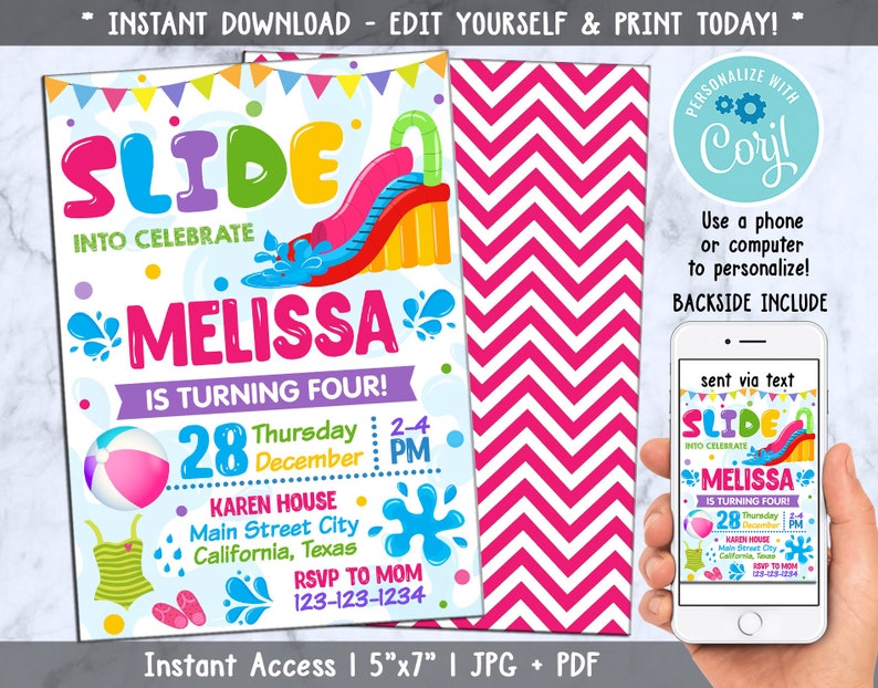 Joint Splash Water Slide Birthday Party Invitation , Water Slide Invitation, Splash Pool Party Invite, Water Slide Theme Party, CORJL image 1