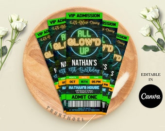 May include: Green and black glow-in-the-dark party invitation with neon text that says "All Glow'd Up" and "Nathan's 10th Birthday". The invitation is shaped like a ticket with a barcode and space for the date, time, and location.