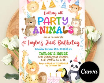 May include: A colorful birthday party invitation with the text "Calling all PARTY ANIMALS" and "Taylor's 2nd Birthday". The invitation features illustrations of various animals wearing party hats, including a lion, bear, monkey, tiger, giraffe, panda, and toucan.
