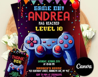 Convite de aniversário com tema de videogame, convite para festa gamer, tema de festa de aniversário de jogos, download digital, modelo editável do Canva