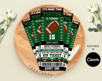 Puede incluir: Invitación de boleto de fútbol verde y marrón con el texto "It's Game Time Victor is Turning 15" y "Kick Off at 05:00 PM Saturday, October 25th Rocky Stadium 132 Wodle Street, San Diego, LA 234 RSVP to Audrey at (757) 341-7895 Wear Your Favorite Sport Gear VIP Ticket Admit One".