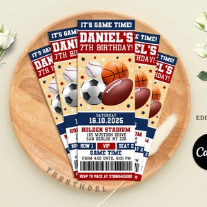 All Star Sport ticket Invitation, Sports Birthday Invitation, Football, baseball, basketball, soccer, Editable with Canva