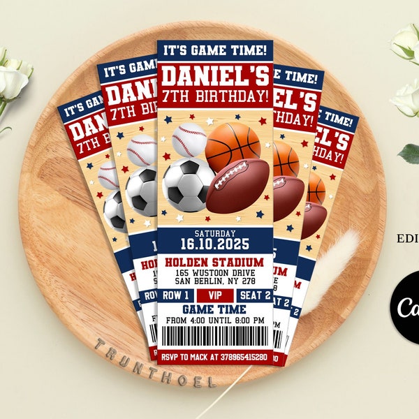 Invitación para entradas de All Star Sport, invitación de cumpleaños deportiva, fútbol, béisbol, baloncesto, fútbol, editable con Canva