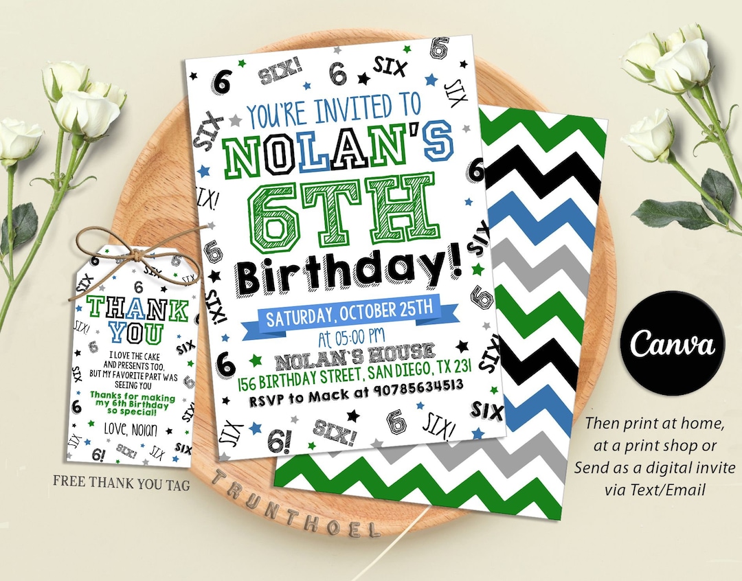 Boy 6th Birthday Invitation, Boy Birthday Invites, Boy Number ...