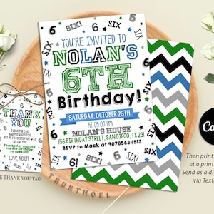 Boy 6Th Birthday Invitation, Boy Birthday Invites, Boy Number Invitations, Editable in Canva