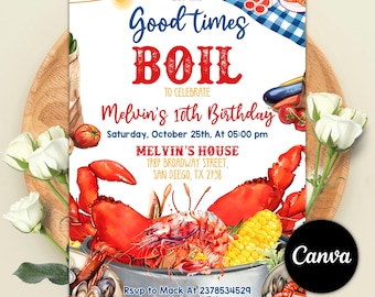 Seafood Boil Party Invitation, Seafood Birthday Invitation, Crawfish Boil Invite, Let the Good Times Roll! Crawfish Feast, Editable Canva