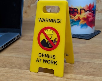 Warning Genius at Work Desk Sign | Funny Office Decor | Novelty A-Frame Sign | Secret Santa Gift for Coworker | Desk Accessory | Desk Humor