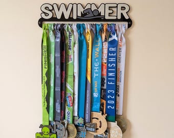 Swimmer Medal Hanger | Laser-Cut Acrylic Wall Mount | Holds 12 Medals