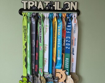 Triathlon Medal Hanger | Black Acrylic Wall Rack for 12 Medals (Swim, Bike, Run)