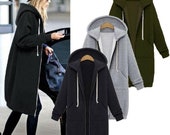 Women Zip Up Long Hoodies, Solid Casual Plus Velvet Long Sleeve Hooded Jacket, Female Winter Warm Pockets Plus Size, Outwear Tops