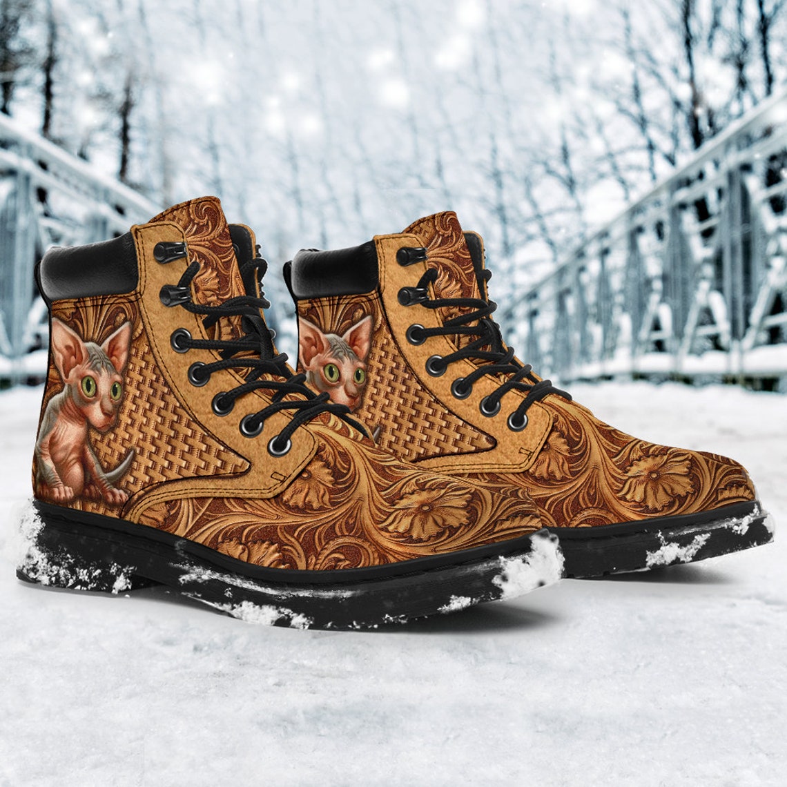 Sphynx Cat Leather Embossed Asboot Vegan Leather Winter Boot Etsy
