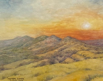 Malvern Sunrise. The Malvern Hills. Framed original watercolour