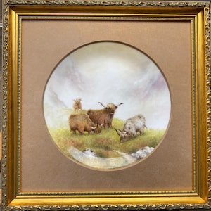 Highland Cattle. Handpainted bone china coupe plate by ex Royal Worcester artist