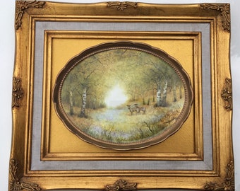 Deer in Bluebell Wood., Ex Royal Worcester Artist. Framed oval ornate edged plaque.