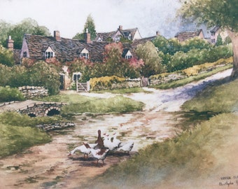 Upper Slaughter .The Cotswolds. Signed special edition print. Mounted 14 in x 11 in.