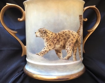 Snow Leopard. Handpainted bone china large two handled loving cup.